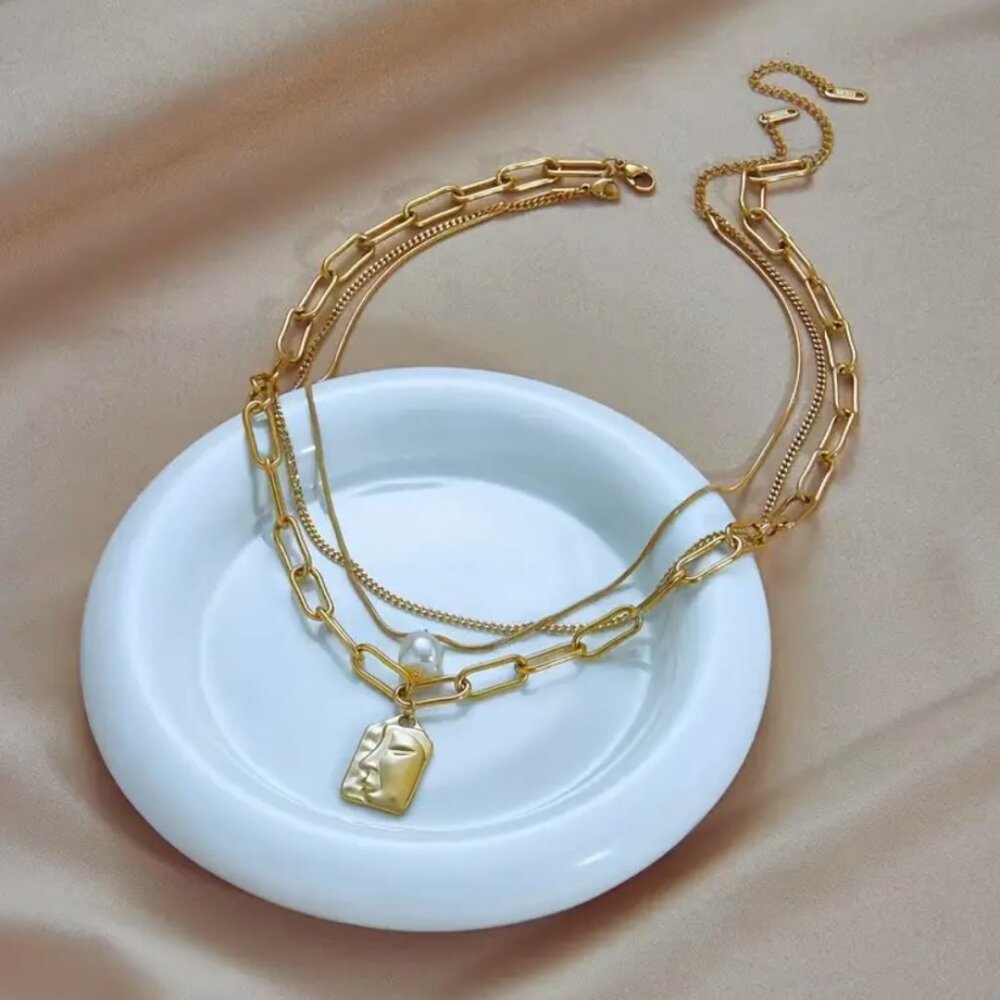 18k Gold Plated Necklace set of 2 chains jewelry abstract modern boho layered